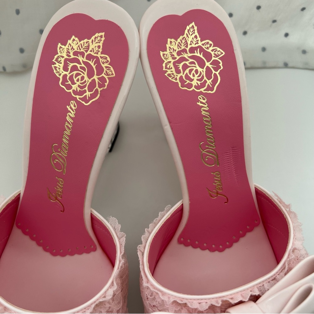 Jesus Diamante Clear Heel Mule Sandals with Pink Bow & Pearl Inside - Picture 4 of 13